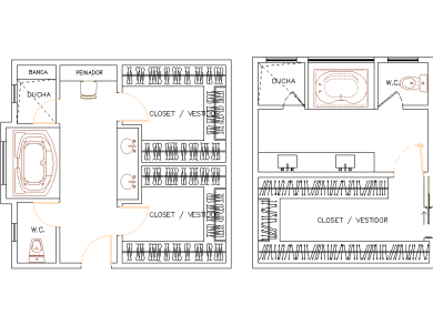 2 amplios diseños de cuartos de baño con zonas de armarios adyacentes. Estos bloques CAD incluyen duchas, inodoros, lavabos, jacuzzis, bañeras y grifos
