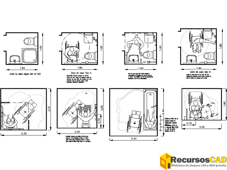 Bloques AutoCAD de baños para discapacitados en dwg en planta - RecursosCAD