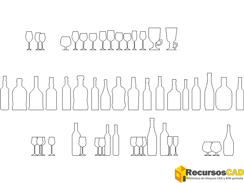 Bloque CAD de botellas en formato 2D DWG