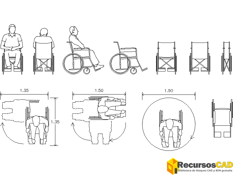 Bloque de Sillas de ruedas dwg para discapacitados en AutoCAD 2d CAD blocks