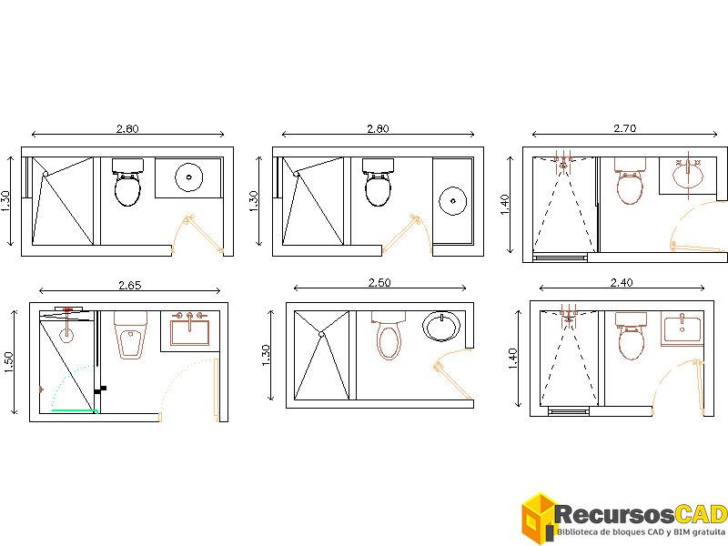 Bloques AutoCAD de cuartos de baño CAD blocks en dwg, gratis.