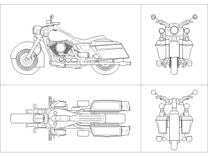 Bloques CAD Gratuitos de AutoCAD de la Harley Davidson en Planta, Vista Frontal, Trasera y Alzado en Formato DWG