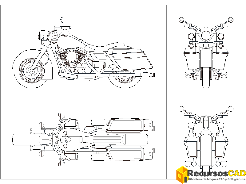 Bloques CAD Gratuitos de AutoCAD de la Harley Davidson en Planta, Vista Frontal, Trasera y Alzado en Formato DWG