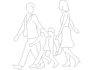 Bloques DWG niño caminando con sus padres vista alzado