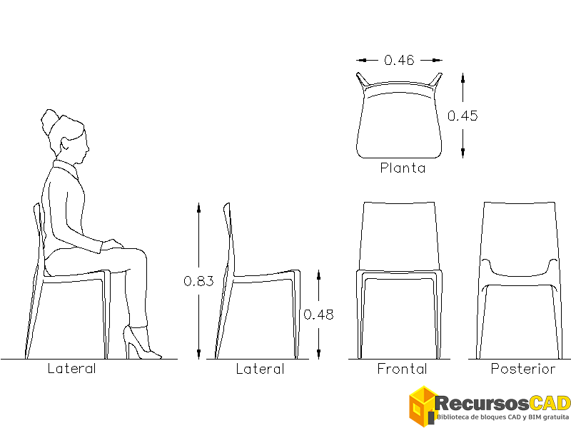 Bloques AutoCAD silla o sillas alzado y planta dwg CAD blocks