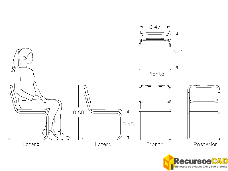 Bloques AutoCAD de silla diseño moderno en alzado y planta​ CAD blocks dwg