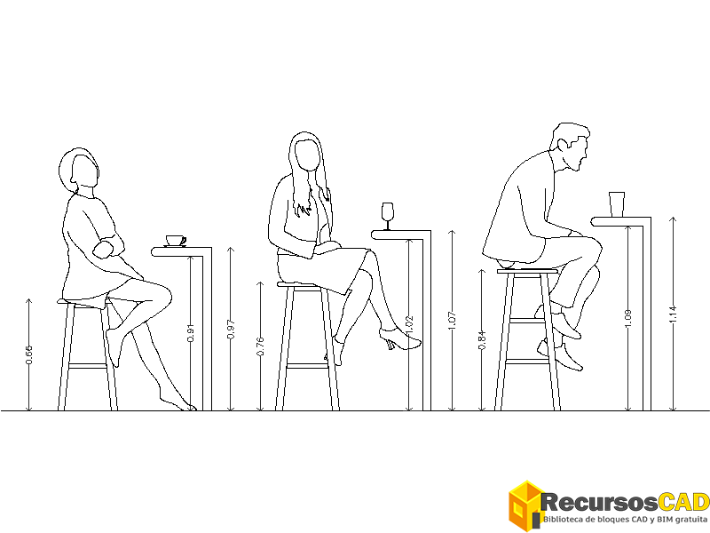 Bloques AutoCAD Silla banco o taburete alto para cocina, bar en gratis dwg en alzado