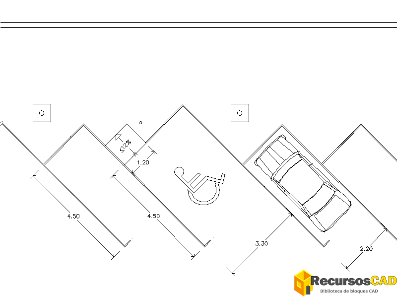 Descarga Bloque CAD en DWG de Plazas de Aparcamiento en Ángulo 45º