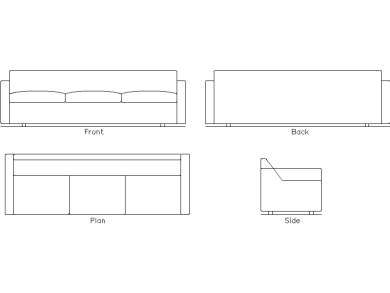 Bloque CAD Sofa 3 plazas en plano 2d dwg y vistas en alzado