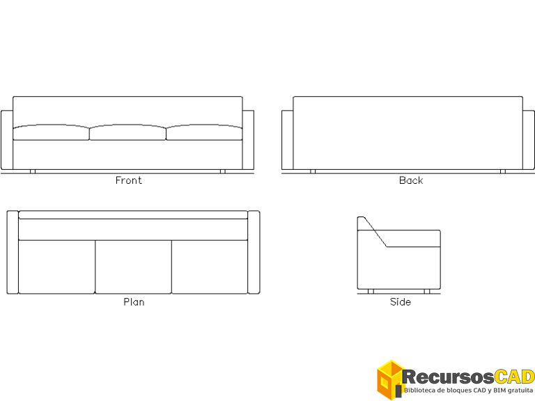 2d Sofa Rendered sofa plazas en plano 2d dwg y vistas AutoCAD DWG gratis