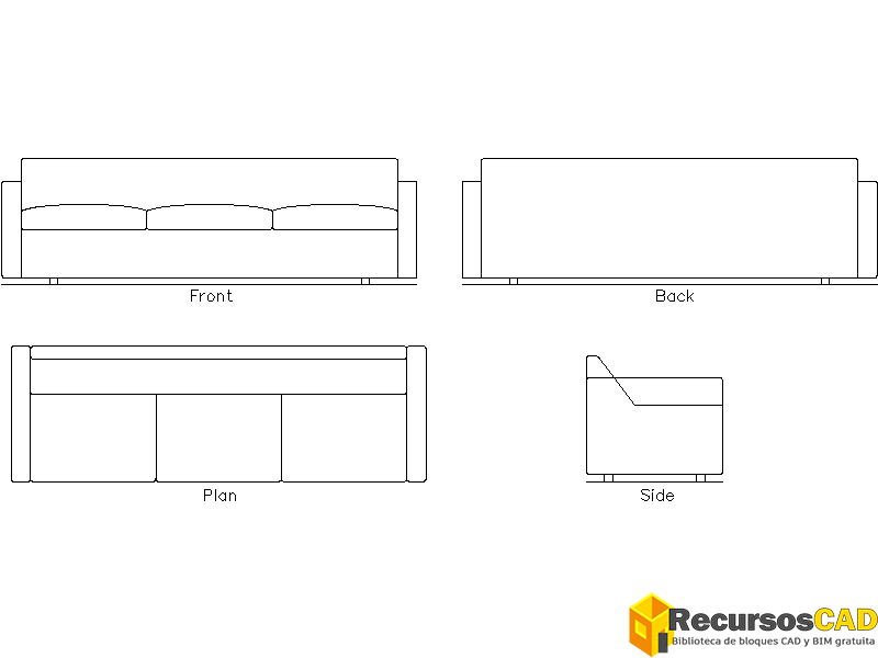 Bloque DWG de sofa plazas en plano 2d dwg y vistas