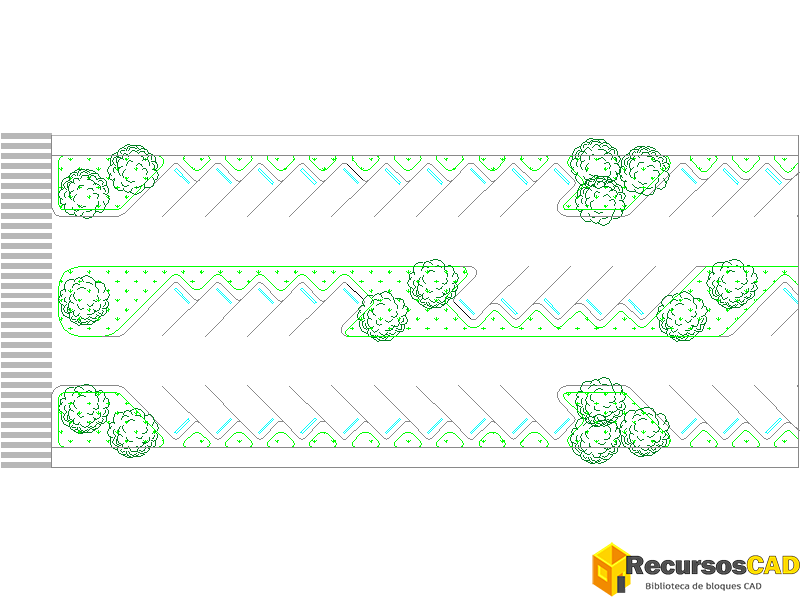 Dibujo CAD de Aparcamiento Oblícuo Exterior Múltiple de Vehículos