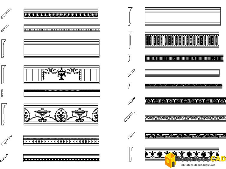 Bloques CAD de Cornisas y Molduras en DWG - RecursosCAD