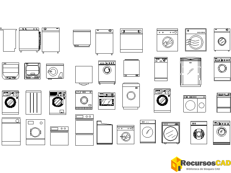 Bloques CAD de electrodomésticos, lavadoras y secadoras.