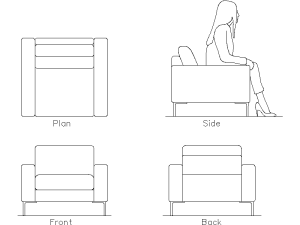 Bloque DWG de sillon planta y alzados vistas