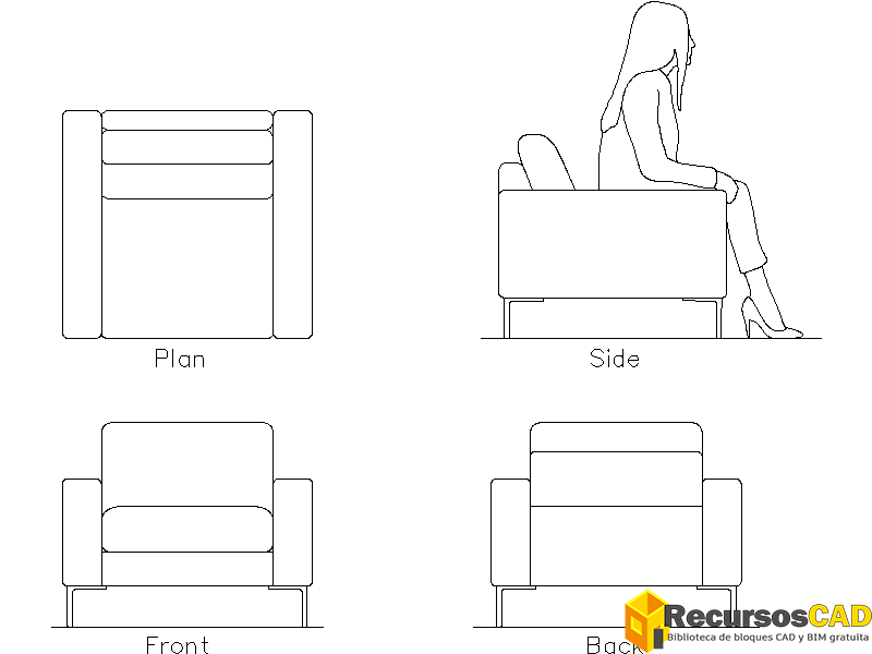Bloque CAD de Sillón planta y alzados vistas 2d dwg