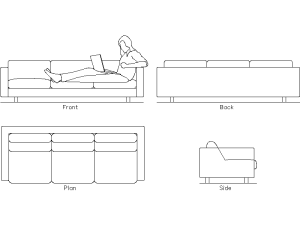 Bloques CAD 2D de sofá de 3 plazas en vistas de planta y alzado