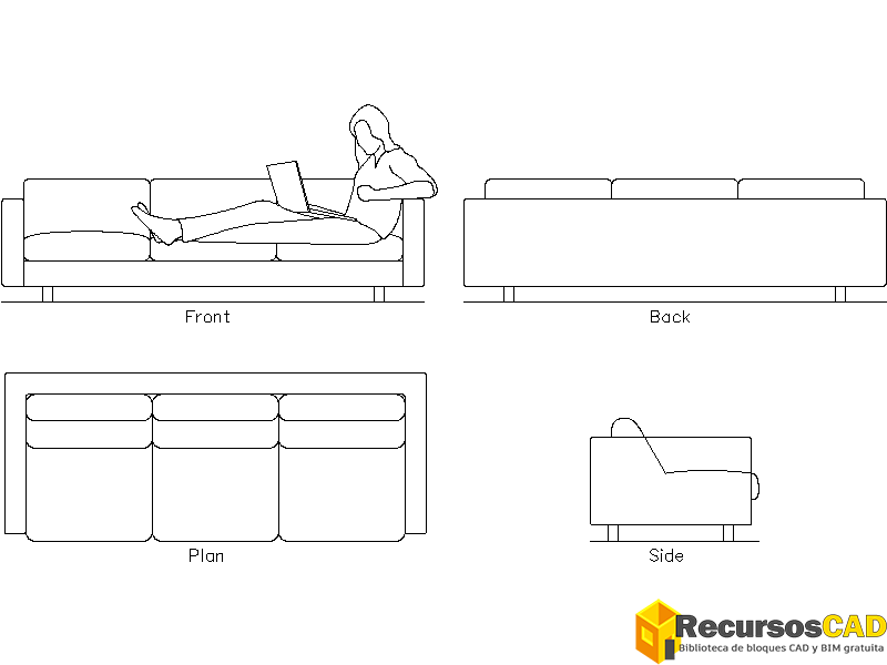 Bloques CAD 2D de sofá de 3 plazas en vistas de planta y alzado