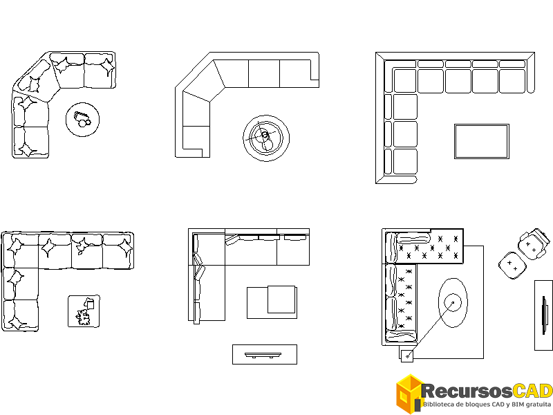 Bloque cad sofá en forma de L descargar gratis dwg 2d