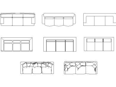 Bloque CAD de sofás de 3 plazas con vistas en planta