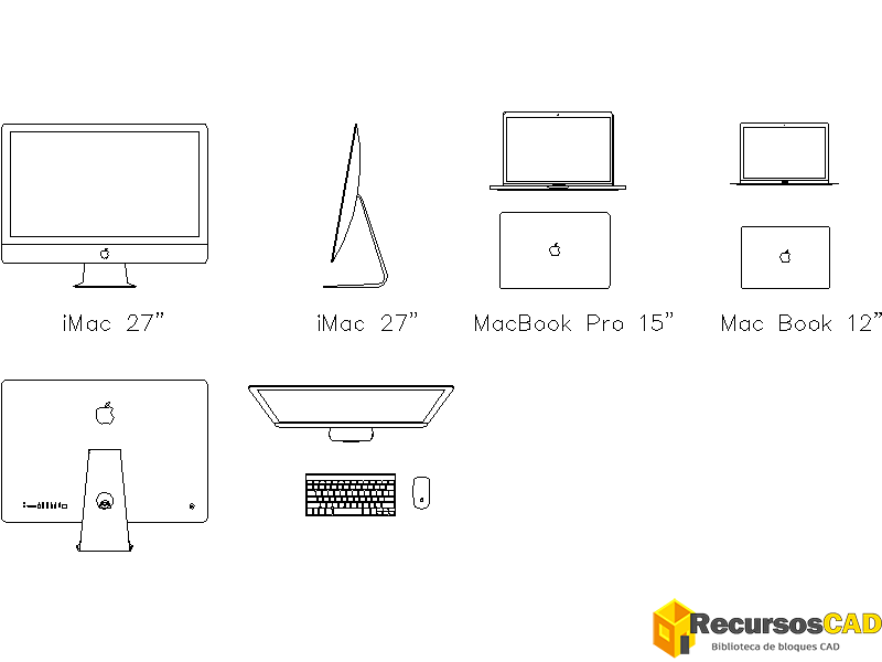 Bloques AutoCAD de MacBook Pro, iMac y periféricos Apple en DWG