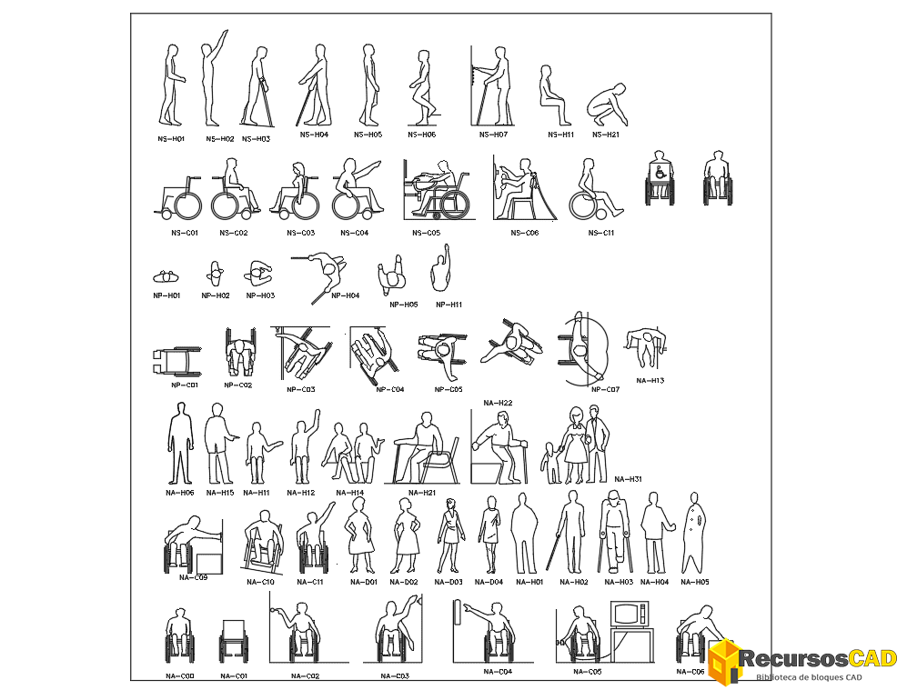 Bloques CAD de accesibilidad siluetas de personas