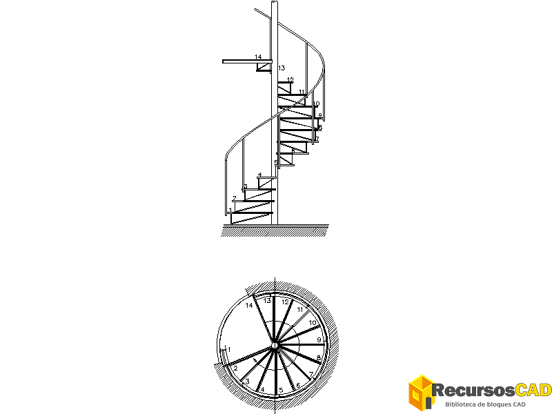 Bloques CAD: Escaleras Caracol en planta y alzado