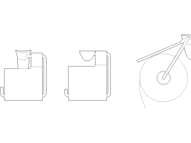 Bloques AutoCAD de porta papel de baño, accesorios de baño vistas frontal, lateral y superior.