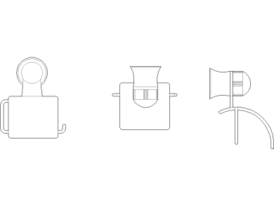 Bloques AutoCAD de Portarrollos de papel higiénico accesorios de baño vistas frontal, lateral y superior