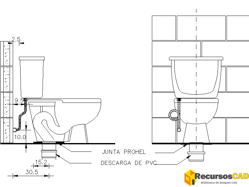 dibujo CAD de detalle de instalación de inodoro