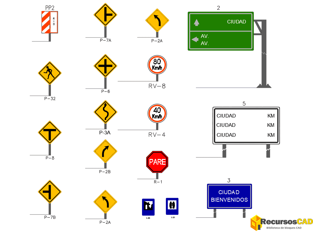 Bloques DWG de senales de transito preventivas e informativas