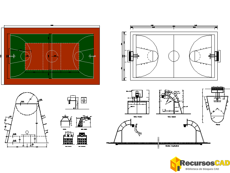 Bloques DWG de canchas y campos de básquet