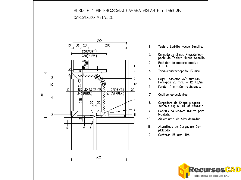 Detalles Constructivos de Muro de 1 Pie Enfoscado con Cámara Aislante y Cargadero Metálico