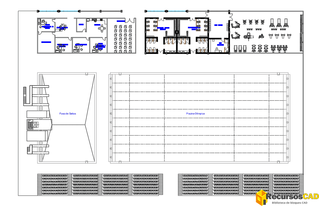 Bloques DWG de piscina semiolimpica 25x21m para AutoCAD