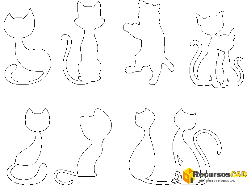 Bloques DWG Gratis: Caricaturas de Contornos de Gatos