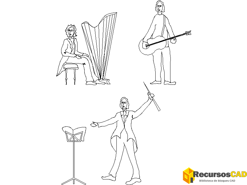 descargar musicos autocad dwg gratis bloque 2D director orquesta arpista vista lateral