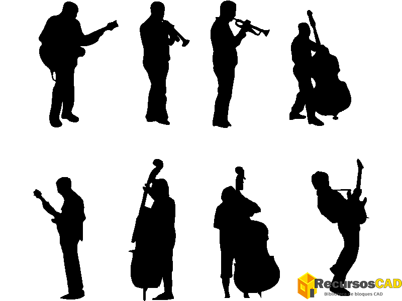 descargar musicos autocad dwg gratis bloque 2D siluetas instrumentistas