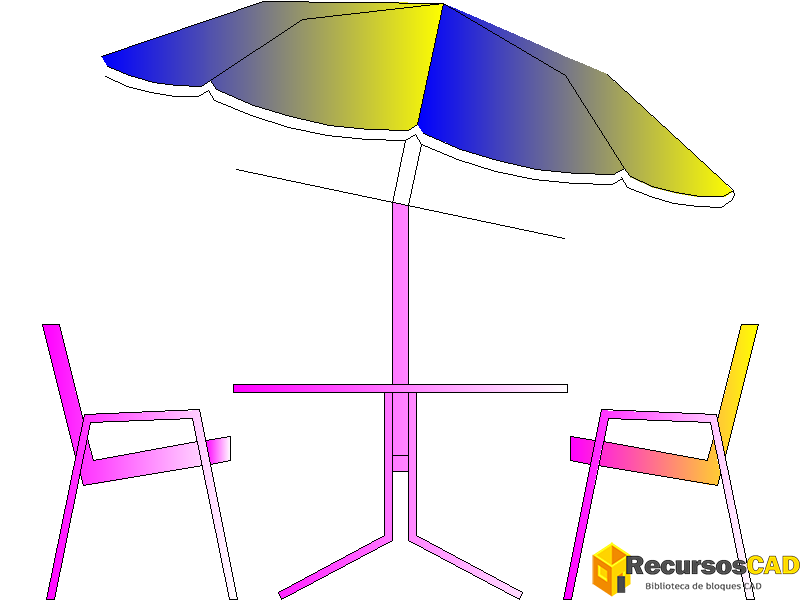 Mesa con sombrilla y sillas
