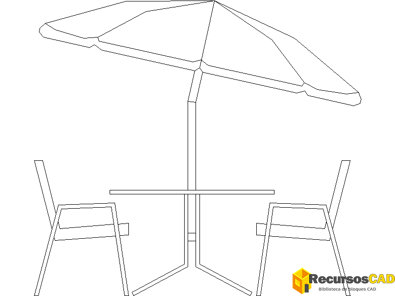 Mesa de jardín con 2 sillas y sombrilla vista en planta