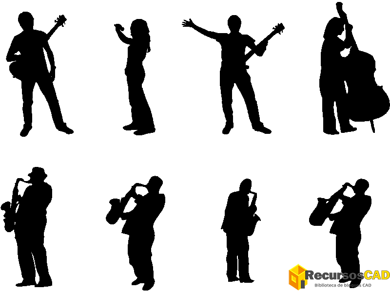 descargar musicos autocad dwg gratis bloque 2D siluetas varios instrumentos