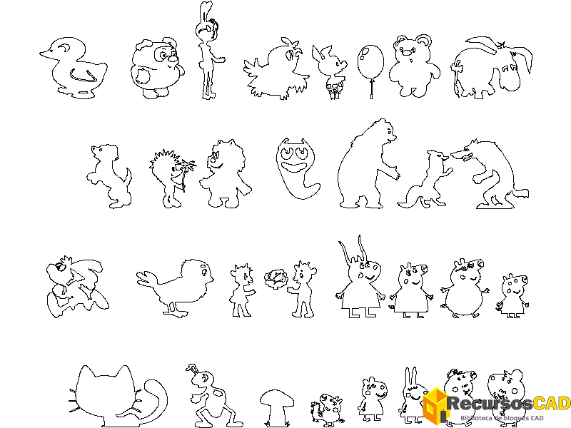 Bloques DWG Gratis: Peppa Pig y Animales de Dibujos Animados