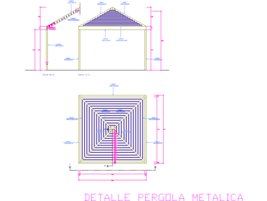 Pérgola metálica incluye cortes, planos y vistas