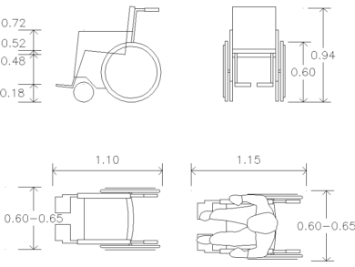 Plano y elevación de una silla de ruedas con dimensiones