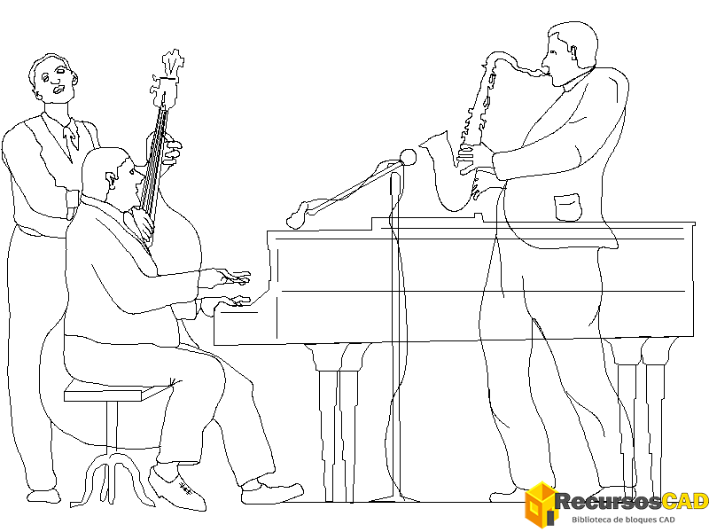 descargar musicos autocad dwg gratis bloque 2D jazz piano saxo contrabajo