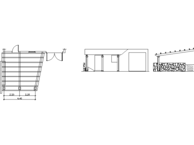 pérgola con viga de madera. incluye planta, corte y vista.