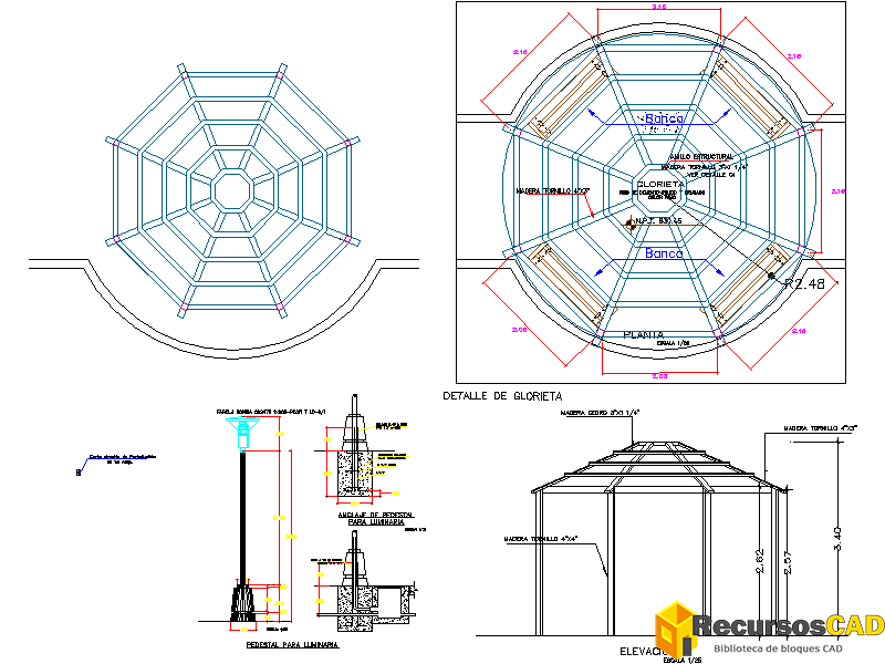 pérgola realizada en madera para parque o plaza.