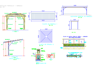 pérgolas; plantas, cortes; elevaciones con cotas y especificaciones.