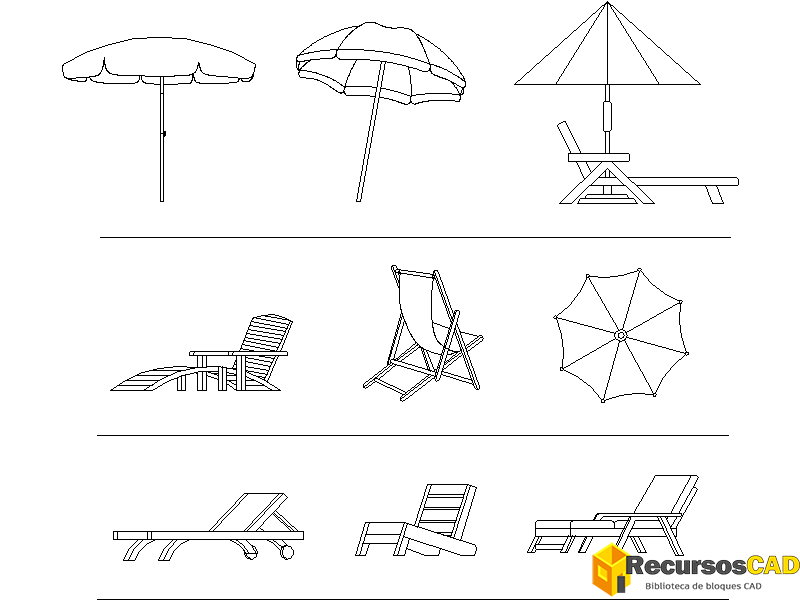 Bloques AutoCAD DWG: Sombrilla y Tumbona de Playa