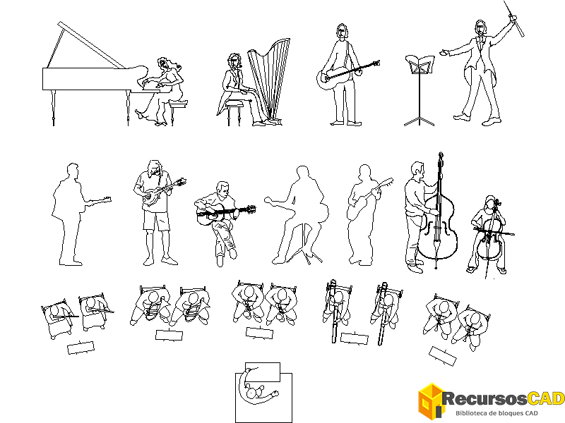 descargar musicos autocad dwg gratis bloque 2D instrumentos musicales