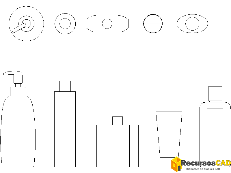 Botellas de champú planta y alzado